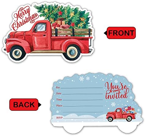 REWIDPARTY משאית לחג המולד הזמנות למילוי הזמנות עם מעטפות （סט של 15 Å משאית אדומה עם עץ לקישוט עץ כרטיסי