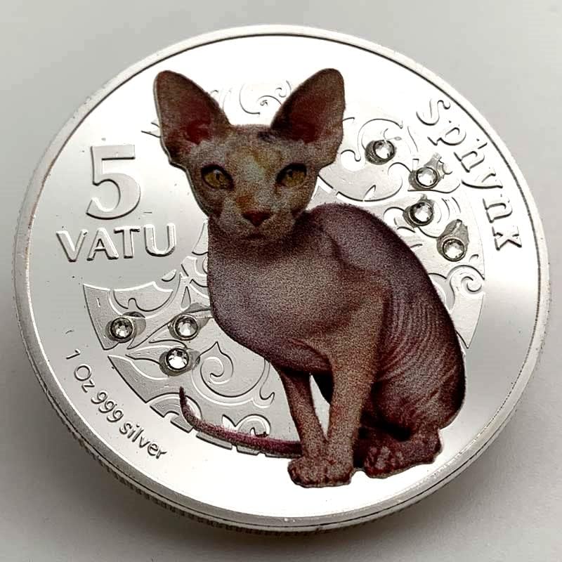 חיות מחמד הספינקס חתול כסף מצופה יהלומי בעלי החיים הנצחה מטבע אוסף מטבע יהלומים כחול ולבן ונואטו מטבע