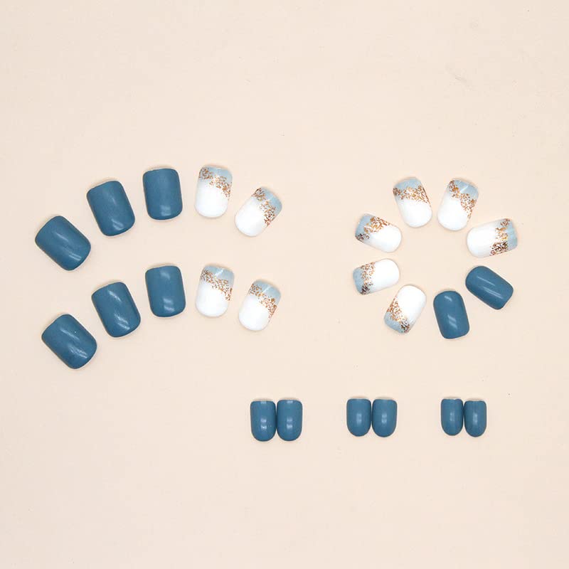 לחץ על ציפורניים קצר אקריליק מזויף ציפורניים כחול כיכר שווא ציפורניים עירום מלאכותי מקל על ציפורניים לנשים