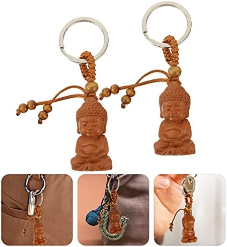Vorcool 2 pcs מעץ בודהה מחזיק מפתחות סיני פנג שואי קירינג מגולף בודהה מחזיק מפתח מזל טוב מתנה לברכת