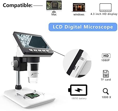מיקרוסקופ דיגיטלי מיקרוסקופ 4.3 אינץ 'תצוגה 50-1000 הגדלה זום 1080 פ 8 אורות לד מתכווננים מיקרוסקופ מצלמת וידאו