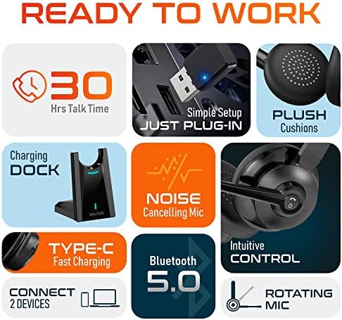 אוזניות Bluetooth עם מיקרופון מבטל רעש ומזח טעינה, אוזניות אלחוטיות עם מיקרופון, 2-אוזניים עם דונגל