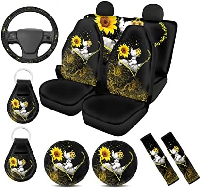 SUBSTALES כיסויי מושב פיל למכוניות סט מלא של 11 יחידות, אביזרי מכוניות חמניות כיסוי גלגל ההגה + כיסויי חגורת בטיחות