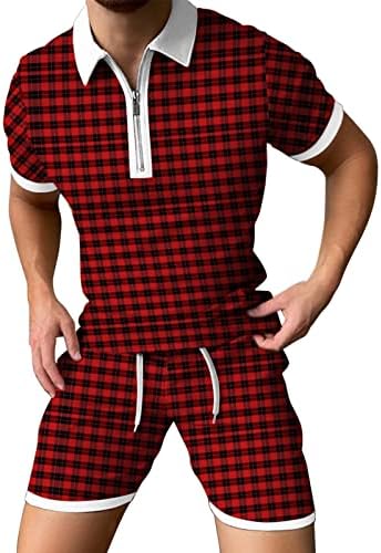 תלבושות 2 חלקים לגברים אימונית סט רוכסן דש משובץ הדפס פולו חולצות ומכנסיים קצרים אימון גולף מזדמן.