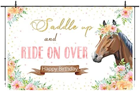 סוס יום הולדת רקע עבור בנות ורוד פרחים חום סוס שמח מסיבת יום הולדת צילום קישוטי ילדים אוכף למעלה