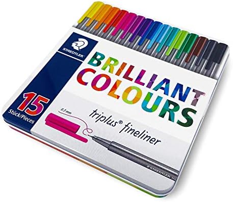 Staedtler Triplus Fineliner Pens - מתנת מתכת פח של 15 צבעים מבריקים - 0.3 ממ