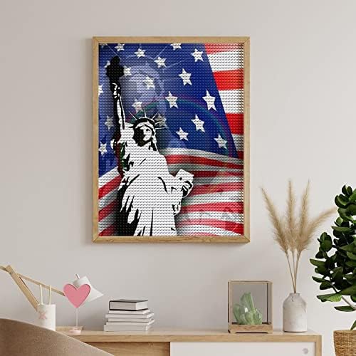 דגל אמריקאי, פסל החירות בציור אמנות יהלום עגול תמונת מקדחה מלאה לקישוט חדר השינה הקיר