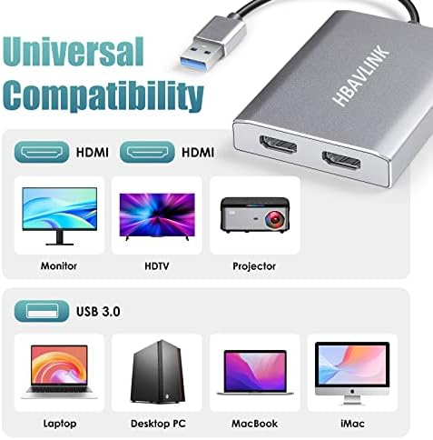 HBAVLINK USB 3.0 ל- HDMI מתאם למסכים כפולים, USB 3.0 עד HDMI מפצל כפול תצוגה מורחבת, כרטיסי וידאו