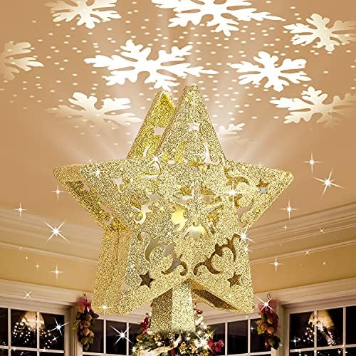 עץ חג המולד טופר כוכב מואר עם LED סיבוב מקרן פתית שלג, אור 3D נצנצים כוכב זהב