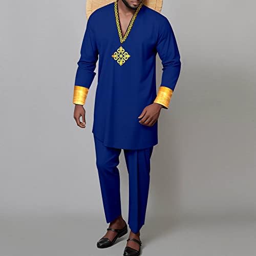 חליפות אפריקאיות לגברים V-צווארון v שרוול ארוך חולצות רקמה ומכנס 2 חלקים סט אימוץ Dashiki