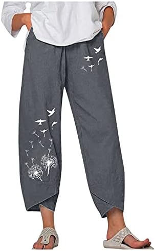 מכנסי קיץ של ווקאצ'י לנשים כיסים מזדמנים כותנה פשתן תחתית רגל רחבה שרוך מותניים אלסטיים מכנסי