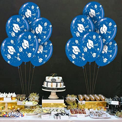 סיום PMU Balloons Party Tex 11 אינץ 'כחול פרימיום עם הדפסת כל הכובעים הלבנים-קונפטי וזרמים PKG/50