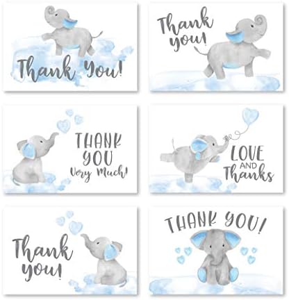 24 פיל כחול מקלחת תינוק כרטיסי תודה עם מעטפות, ילדים הערה תודה, בעלי חיים 4 על 6 חבילת כרטיסי תודה מגוונת