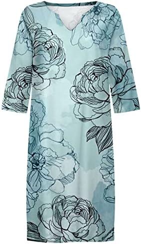 שמלות קיץ לנשים בכושר רופף שרוול ארוך צווארון טרנדי מזדמן בוהו זורם שמלת חוף באורך הברך