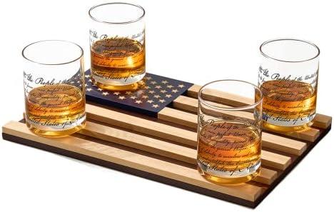 כוסות ויסקי-חוקת ארצות הברית-עץ מגש דגל אמריקאי & מגבר; סט של 4 אנחנו העם 10 עוז כלי זכוכית אמריקה,