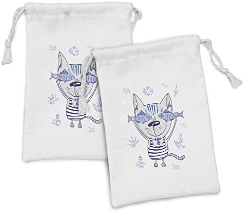 כיס בד דגים של אמבסון סט של 2, דגי חתול שובבים בתליון עוגן חולצת טריקו מפוספס וסימן ימי ימי, שקית משיכה קטנה