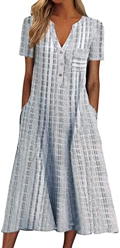 נשים מזדמנים קיץ פס מודפס כפתורים עם צווארון שרוול קצר עם כיס שמלה ארוכה שמלת מידי זורם