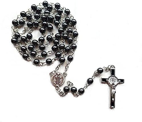שחור מחרוזת חרוזים שרשרת מופלא בנדיקטוס הקדוש מתכת עם ישו צלב, קתולי נוצרי מתנה עבור גברים ונשים
