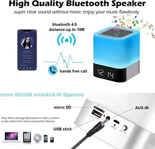 רמקול Bluetooth Light Light, שעון מעורר אלחוטית רמקול Bluetooth נגן MP3, שליטת מגע לעומק רב-צבעים