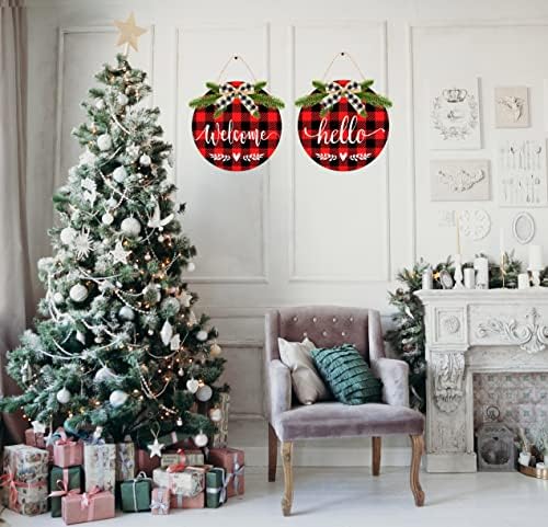 Hrency שלט קבלת פנים לדלת הכניסה דלת תלייה דלת זרי דלת עץ קולב אדום ושחור של באפלו שחור משובץ חג חג