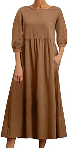 שמלה לנשים 2023 כותנה מוצקה מזדמנת ושמלת פשתן שרוול ארוך עם כיס שמלה רופפת מקסי פוקסיה שמלה