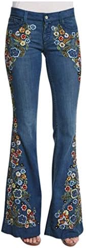 מכנסי ג'ינס אסתטיים לנשים רקמה רקמה מכוונת ג'ינס כפתור המותניים המותניים פעמון פרחוני תחתון מכנסי ג'ינס