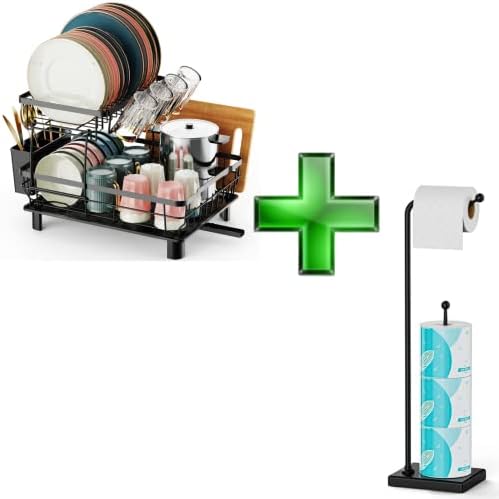 מתלה ייבוש כלים של GSLIFE ומחזיק נייר טואלט, מתלה כלים דו-שכבי עם ניקוז וחדר אמבטיה מחזיק גליל