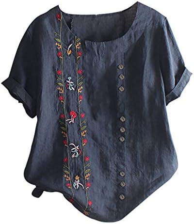 צמרות פשתן כותנה לנשים טרנדי פרחוני פרחוני כפתור שרוול קצר טוניקה טוניקה מזדמנת חולצות בסיסיות