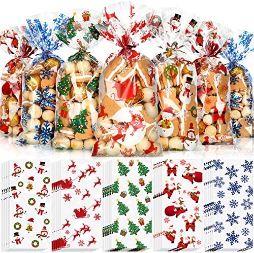 אאוטוס100 חתיכות שקיות פינוק צלופן לחג המולד, שקיות צ ' לו מפלסטיק לחג המולד עם קשרי טוויסט לממתקים,