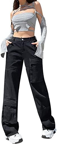 מכנסיים נוחים חמודים מכנסי מטען רופפים לנשים רטרו רב כיס מרובי מותניים נמוך מותניים שרוך חזיר