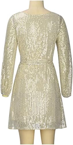 שרוול פנס שמלת נצנצים לנשים שמלת מיני שמלת קוקטייל אלגנטית מסיבת חתונת שושבינה שמלת ערב זהב