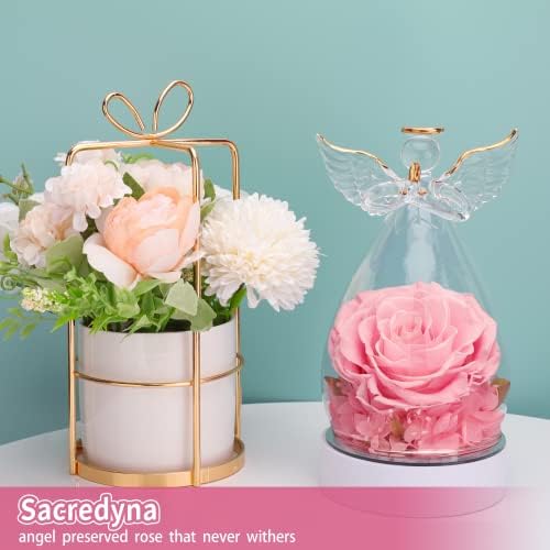 Sacredyna 6.6in מתנות ליום הולדת מלא מלאך לנשים סבתא, נשמרה ורד אמיתי בפסלון מלאך זכוכית, אריזה