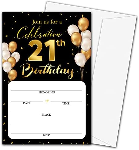 כרטיסי הזמנה ליום הולדת 21 עם מעטפות - נושא זהב קלאסי מלא את המסיבה הריקה של מסיבת יום הולדת, לגבר,
