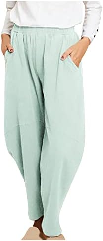 מכנסי פנס פשתן לנשים מכנסי מכנסי רגל רחבים מזדמנים כפתורים במכנסי משרד ארוכים בצבע אחיד