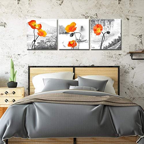 דרקימו3 פנלים כתום פרג תמונה הדפסי על בד שחור ולבן קיר אמנות אלגנטי פרח יצירות אמנות עבור אוכל חדר שינה