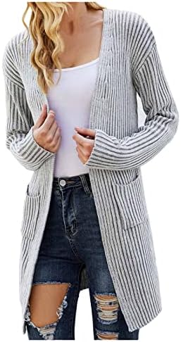 סוודרים לנשים פתוחות קדמיות שרוול ארוך ארוך סרוג קרדיגן מזדמן מעיל סוודר בצבע אחיד רופף עם כיס