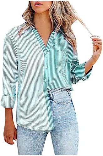 פסים חולצות לנשים כפתור עד להפשיל ארוך שרוול למעלה צבע בלוק טוניקת חולצות עבודת משרד פורמליות