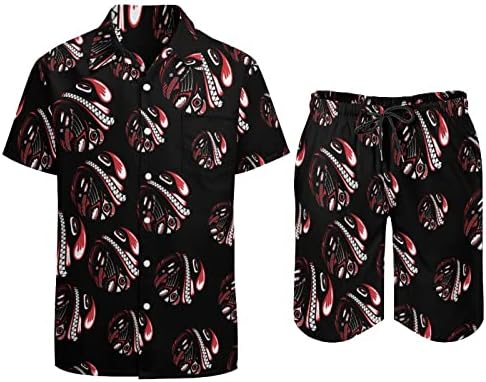 גברים שבטיים 2 חלקים הוואי סט מכפתור חולצות שרוול קצר מכנסי חוף רופפים מתאימים