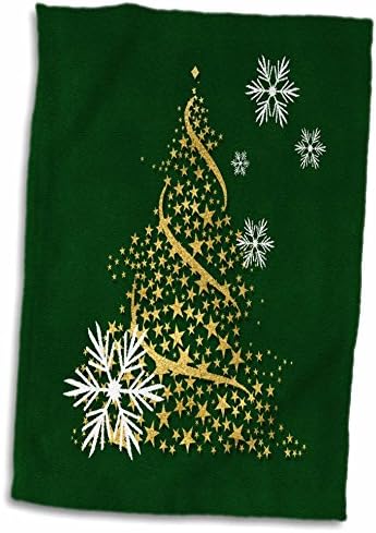 עץ חג המולד של עלה זהב תלת מימדי עם עץ חג המולד עם פתיתי שלג ומגבת יד ירוקה, 15 x 22, רב צבעוני
