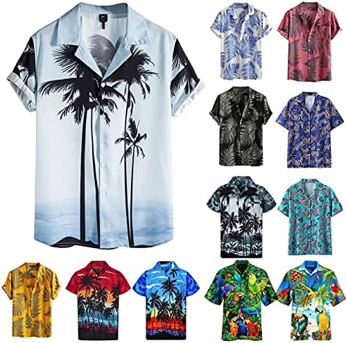 חולצות פשתן כותנה של Beibeia לגברים כפתור שרוול קצר בקיץ במורד חולצת הוואי וינטג 'עלים פרחוניים צמרות חוף
