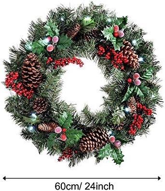 Uxzdx cujux 60 סמ דלת זר חג חג מולד תליה זר עם כפור תלתן זר חרוטים אורנים טבעיים פירות חג המולד דקורטיביים זרי