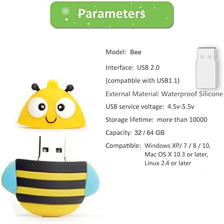 כונן פלאש USB 32 ג'יגה-בייט בצורת דבורה, BorlterClamp חמוד כונן כונן כונן כונן אגודל מקל זיכרון
