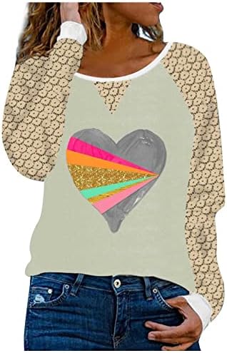 נשים חג האהבה חולצות תחרה ארוך שרוולים שחבור חולצות לב צבעוני מודפס צווארון עגול חולצה חולצות