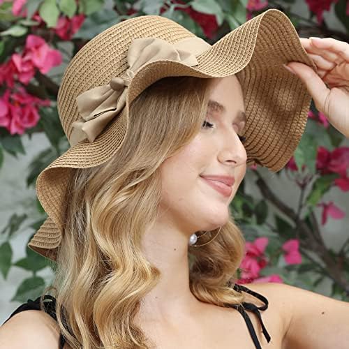 טחנת רוח נשים קש אש כובע שוליים רחבים הגנת UV מתקפלת על חוף קיץ חוף דיג כובעי תקליטון עם קשת פשתן