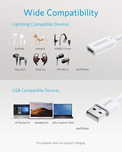 ANKER USB-A לכבל מתאם שמע ברק, דונגל ברק נשי מוסמך של MFI, תומך בקרת עוצמת קול ומיקופונים לאוזניות, אוזניות,