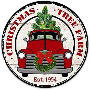 בחר בגודל של עץ חג המולד שלט זר עץ חווה עם משאית אדומה 9 אינץ 'שלט מתכת עגול שור