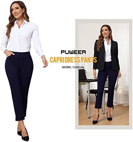 מכנסי Capri Puweer לנשים לבושות עסקיות מזדמנים נמתחות ומכנסי שמלת נשים ישר עם כיסים