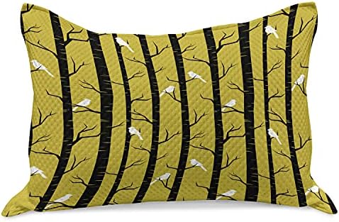 כיסוי כרית שמיכה סרוג צהוב סרוג, יער עיצוב מודרני בסגנון Artdeco עם ציפורים ועצים הדפס אמנות, כיסוי כרית בגודל