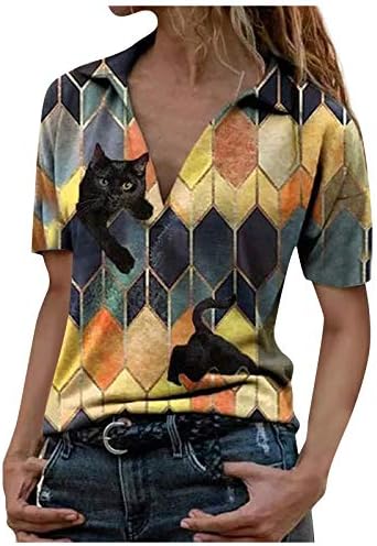נשים חולצות קיץ קיץ דש טי חולצה אופנה מזדמן חולצות נשים של שרוול צווארון קצר מודפס חולצה לנשים