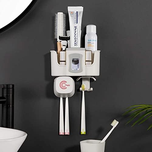 מארגן אחסון אמבטיה Lixfdj מעמד מברשת שיניים רב -פונקציונלי, סט מחזיק שיניים משחת שיניים אוטומטי, שיש מקלחת אמבטיה